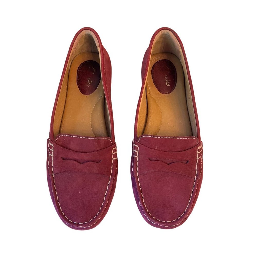 Women's Clarks Suede Penny Loafer Driving Moccasins Wine Leather Comfort… - Picture 2 of 6
